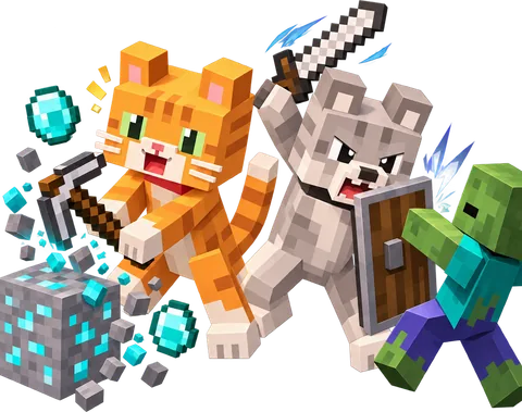 Котик добывает алмазы, а пёсик защищается от зомби на Survival SMP